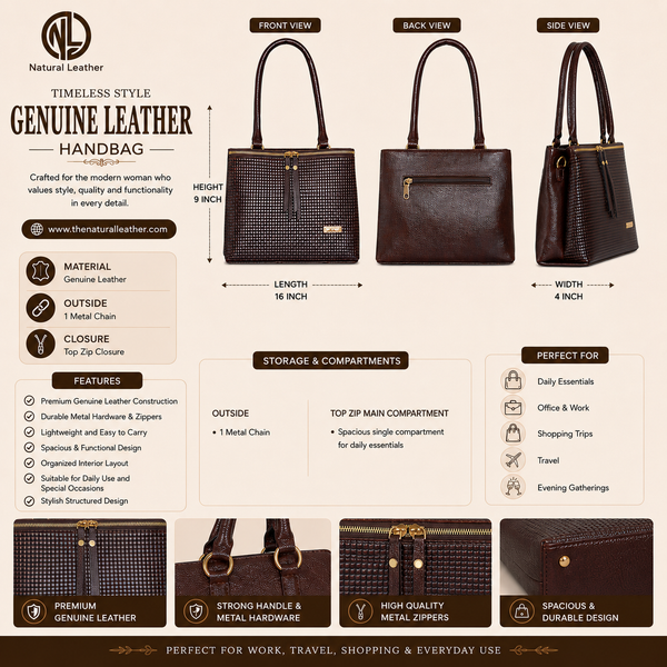 Natural Leather Ladies Handbag Front Metal Chain image 3