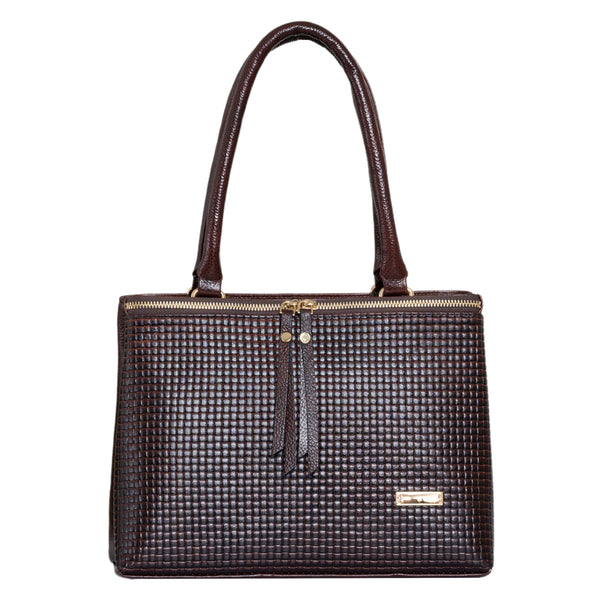 Natural Leather Ladies Handbag Front Metal Chain - Brown image