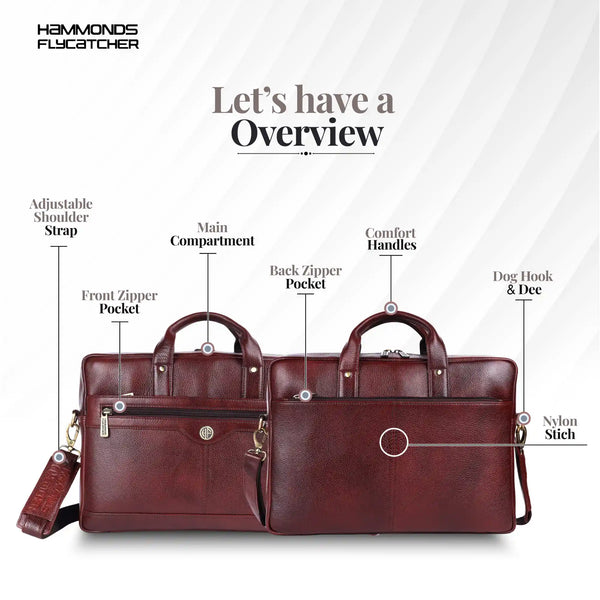 Laptop Bag for Men - Genuine Leather Office Bag with Multiple Compartments - Fits 14-15.6 Inch Laptop