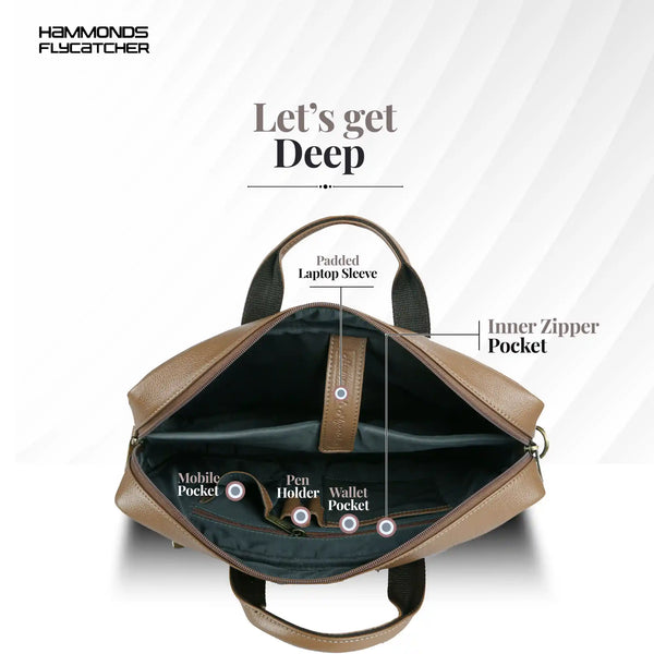 Laptop Bag for Men - Genuine Leather Office Bag with Multiple Compartments - Fits 14-15.6 Inch Laptop