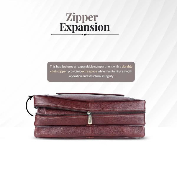 Genuine Leather Expandable Laptop Bag for Men with Adjustable Strap - Fits Upto 15.6" Laptop/MacBook- 1 Year Warranty