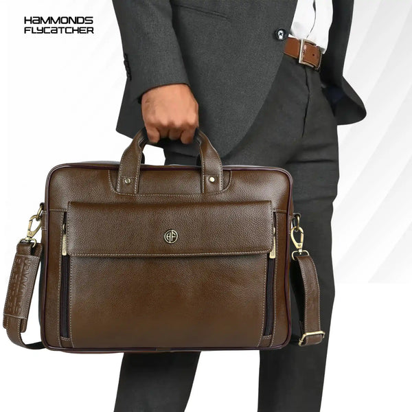 Genuine Leather Expandable Laptop Bag for Men with Adjustable Strap - Fits Upto 15.6" Laptop/MacBook- 1 Year Warranty