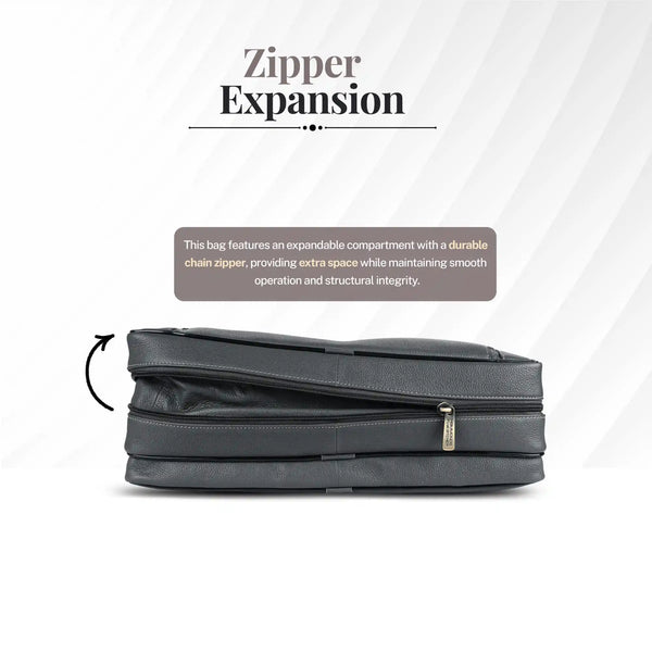 Genuine Leather Expandable Laptop Bag for Men with Adjustable Strap - Fits Upto 15.6" Laptop/MacBook- 1 Year Warranty