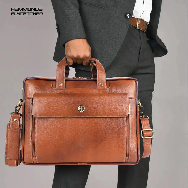 Genuine Leather Expandable Laptop Bag for Men with Adjustable Strap - Fits Upto 15.6" Laptop/MacBook- 1 Year Warranty